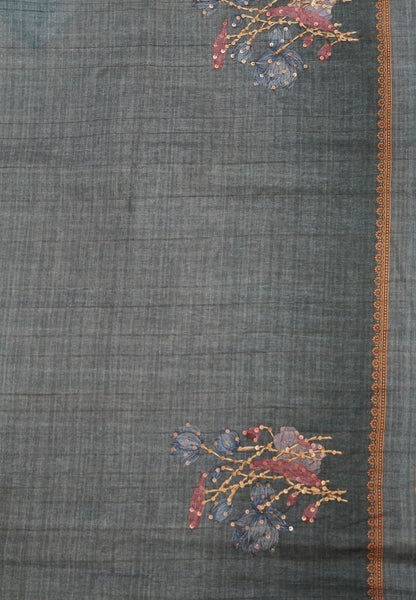 Tussar Saree-Greyish Blue with French Knot & Sequence Work