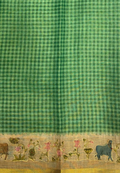 Tissue Linen Saree-Green in Pichwai Art Printed Border