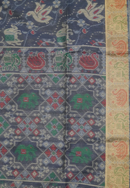 Raw Silk Saree - Navy Blue with Patola Print