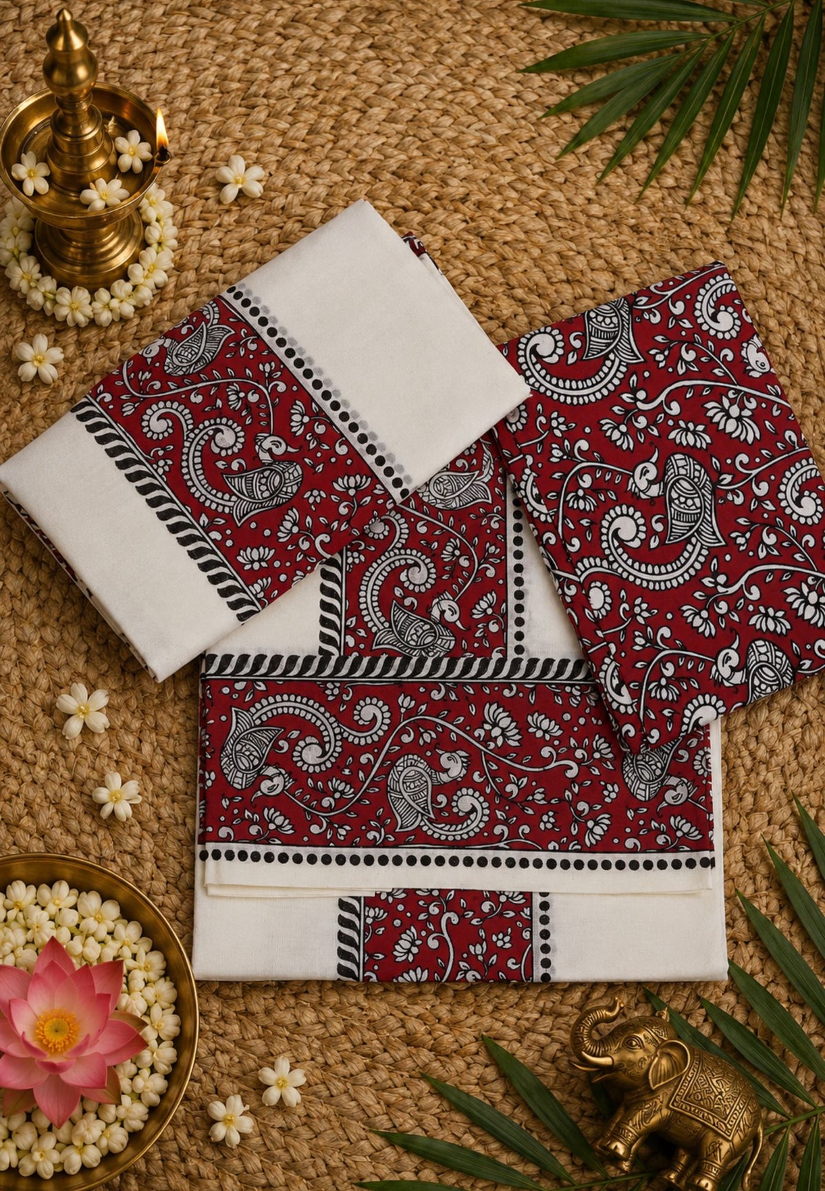 Cotton Set Mund-Off White - Red with Kalamkari Border