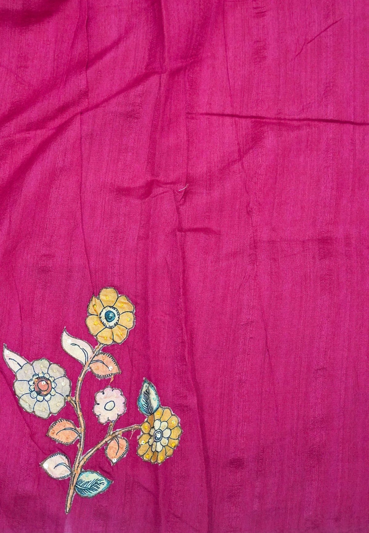 Semi Raw Silk Saree - Redish Pink With Floral Hand-Painted Designs