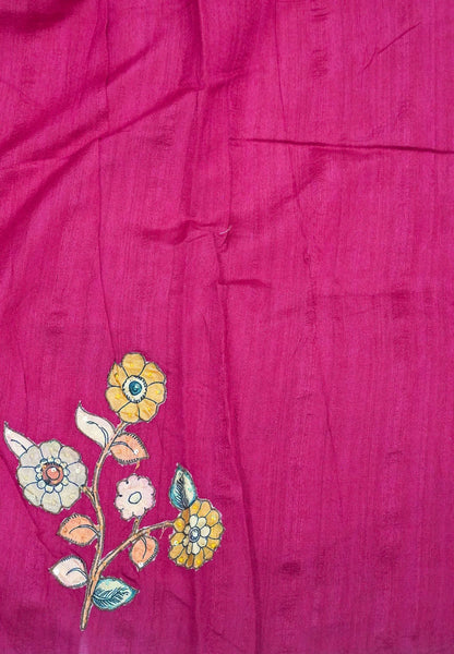 Semi Raw Silk Saree - Redish Pink With Floral Hand-Painted Designs