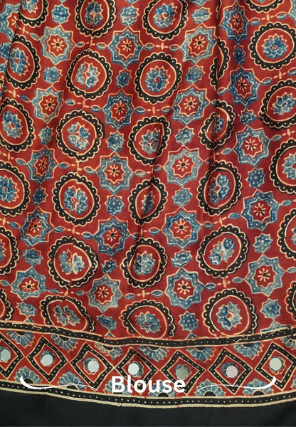 Pure Modal Silk Saree-Original Mirror Work &Traditional Printed Motifs - Red