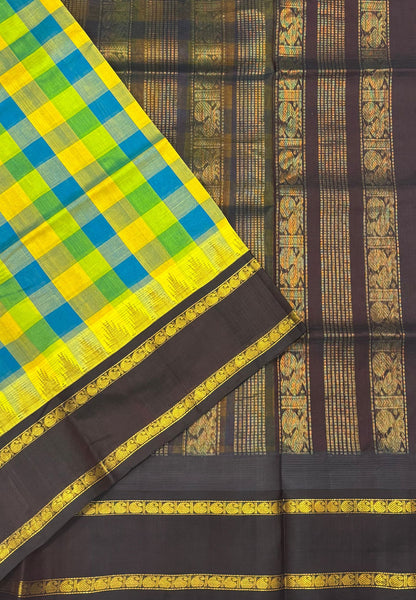 Pure Silk Cotton Saree–Blue in Checked Zari with Contrast Border