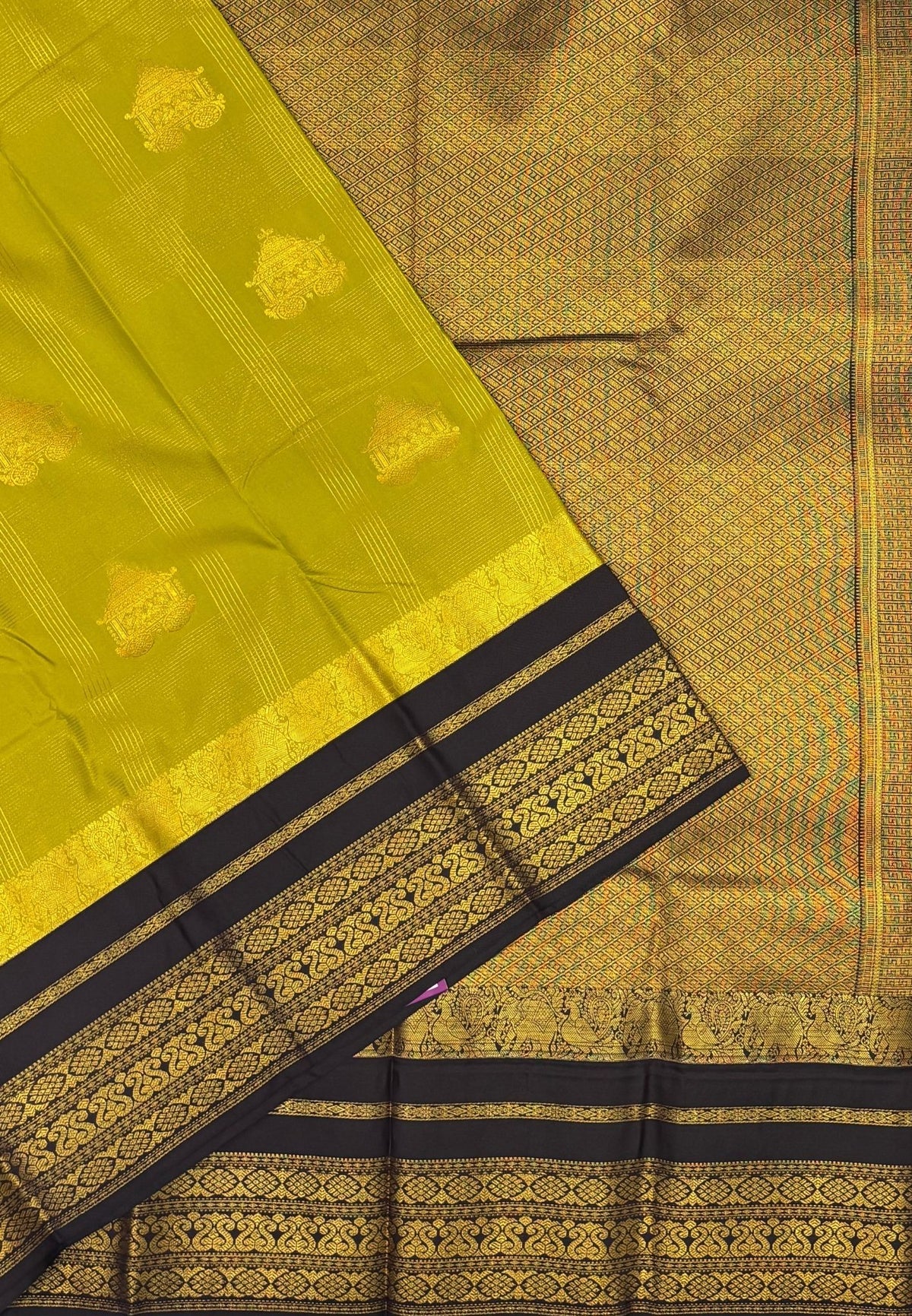 Budget Kanchipuram Saree-Metallic Green In Floral Zari Panel With Contrast Border