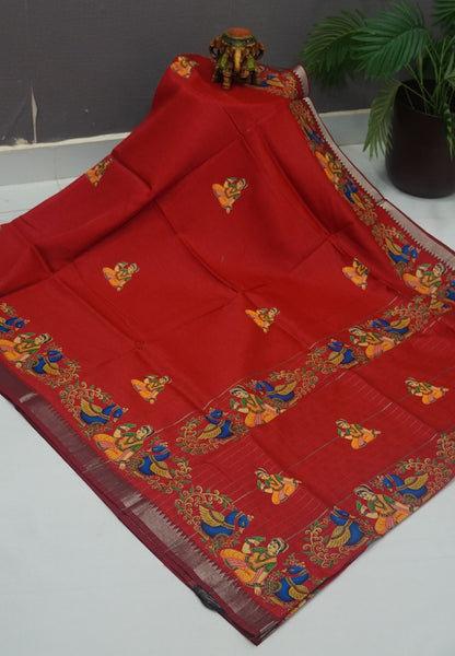 Pure Mangalgiri Silk Saree-Red with Tanjore Print
