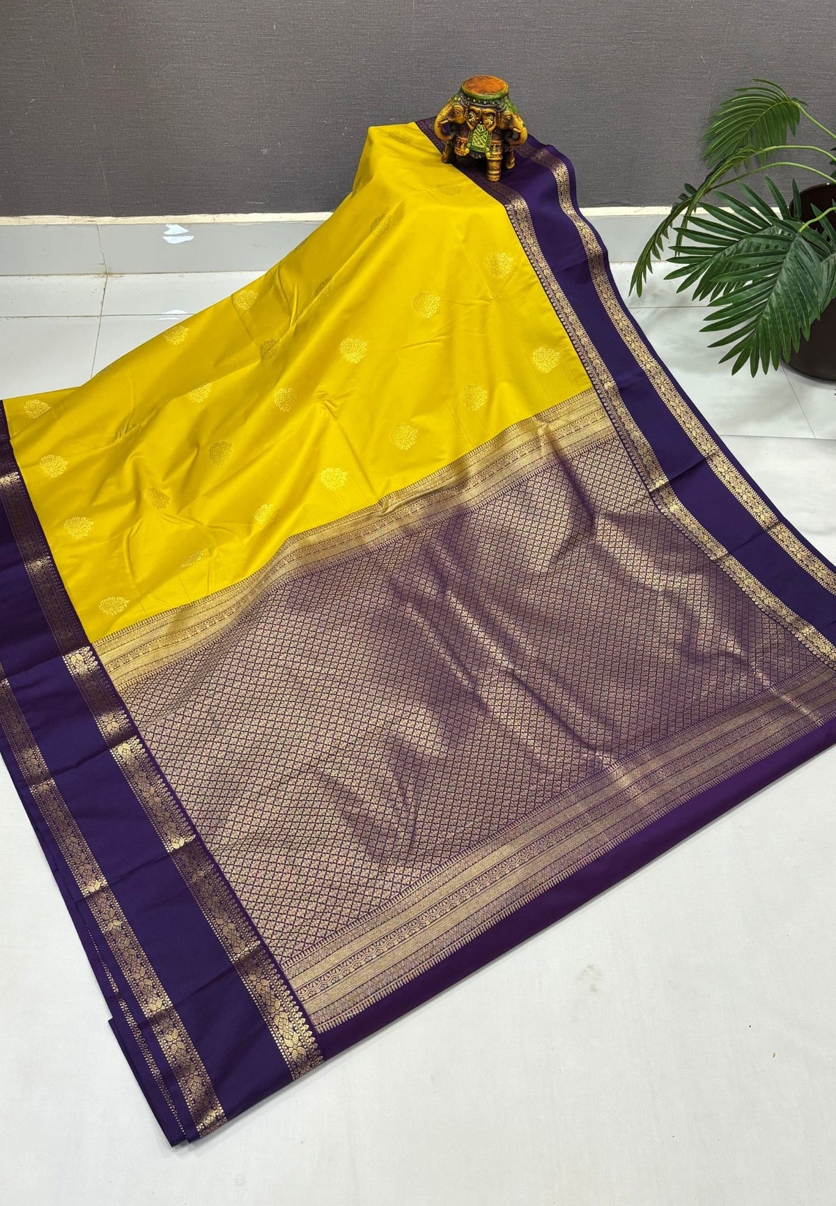 Budget Kanchipuram Saree-Yellow with Contrast Border