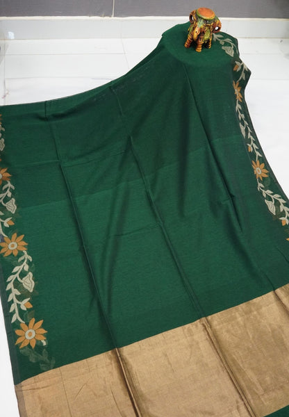 Handloom Cotton Saree-Green Jamdhani Border