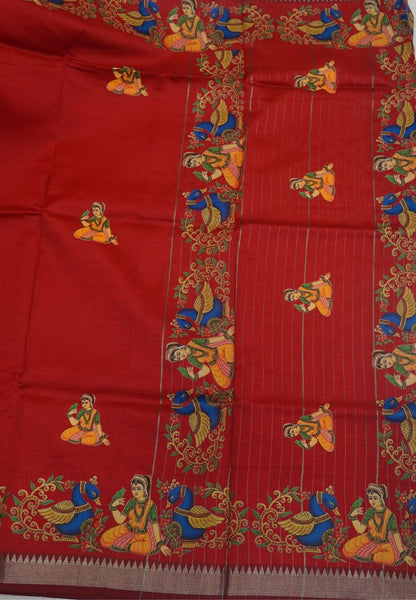 Pure Mangalgiri Silk Saree-Red with Tanjore Print