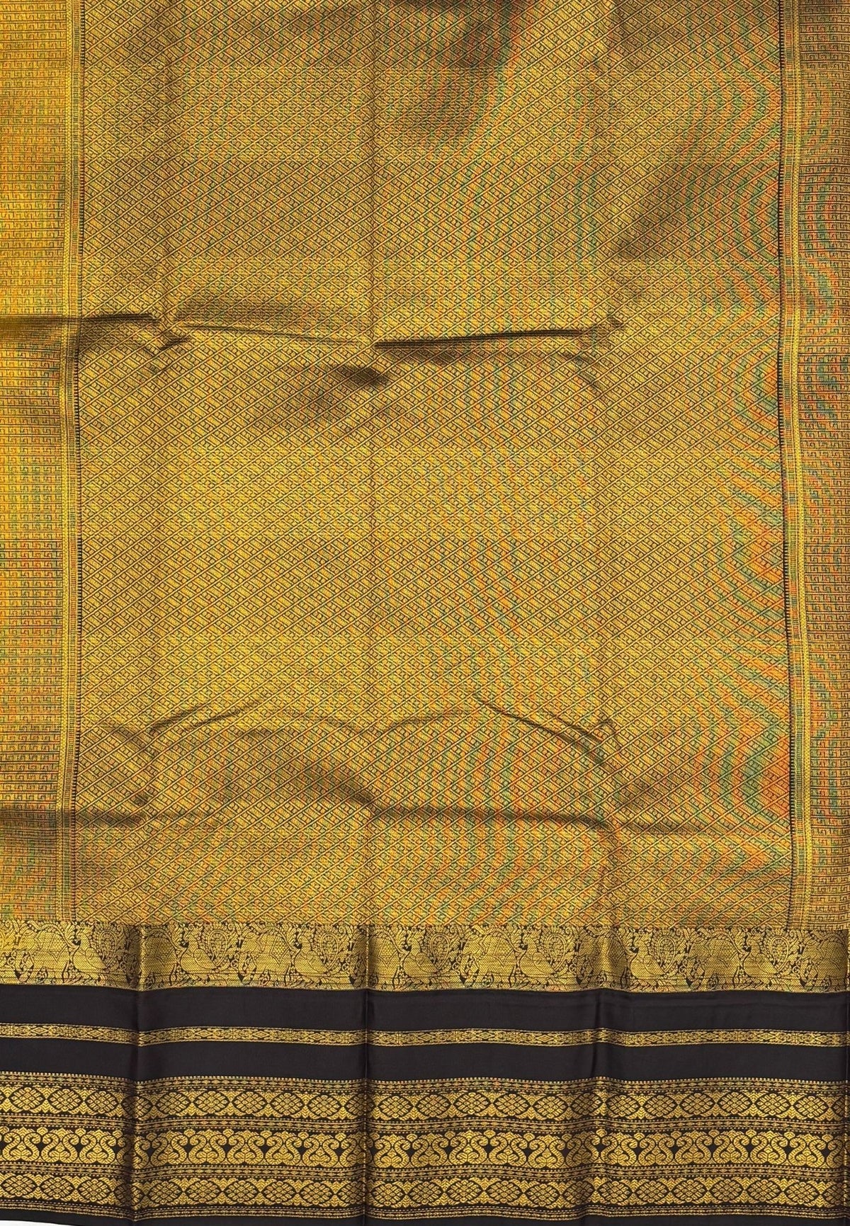 Budget Kanchipuram Saree-Metallic Green In Floral Zari Panel With Contrast Border