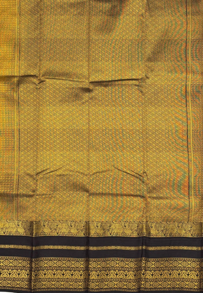 Budget Kanchipuram Saree-Metallic Green In Floral Zari Panel With Contrast Border