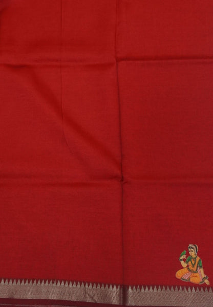 Pure Mangalgiri Silk Saree-Red with Tanjore Print