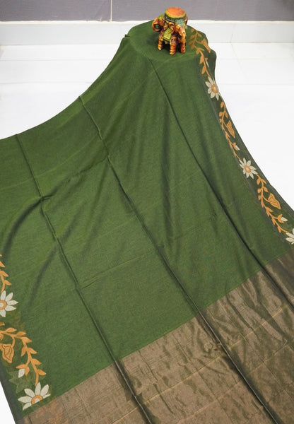 Handloom Cotton Saree- Sage green Jamdhani Border