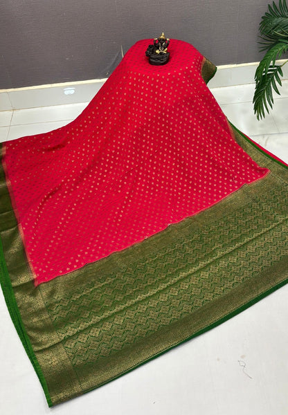 Banarasi Georgette Saree-Red with Leaf Butta and Contrast Border