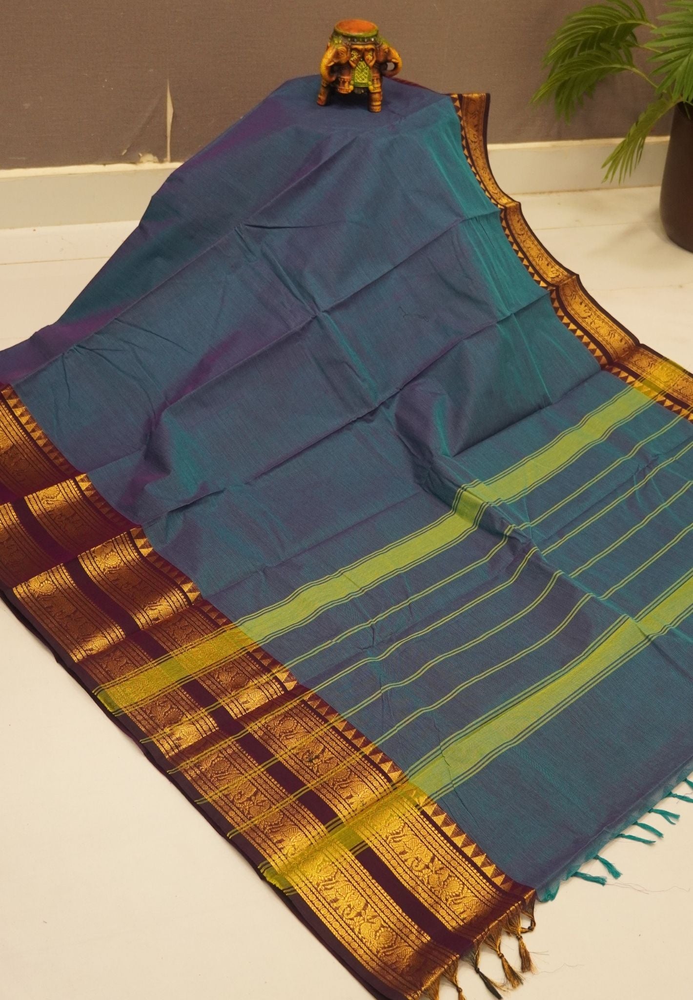 Chettinadu Cotton Saree-Blue with Elephant Big Border