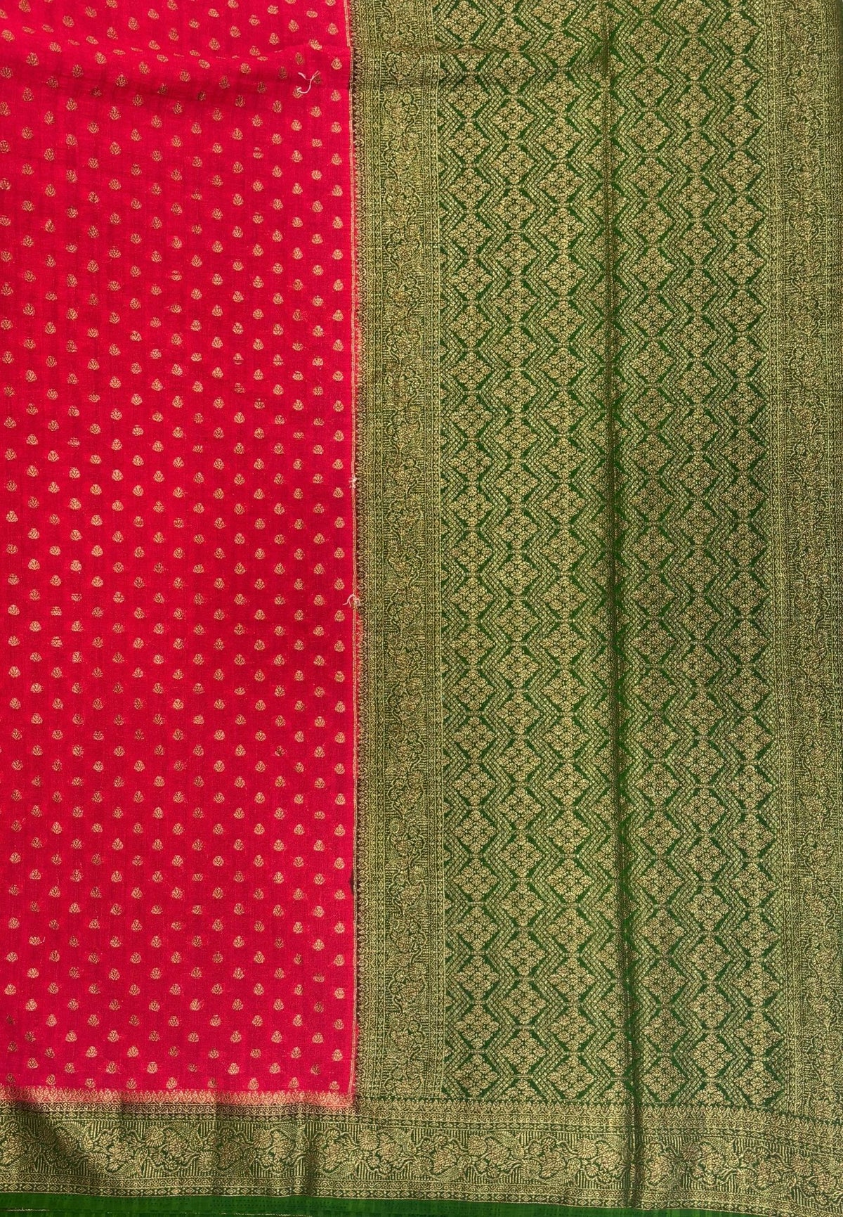 Banarasi Georgette Saree-Red with Leaf Butta and Contrast Border