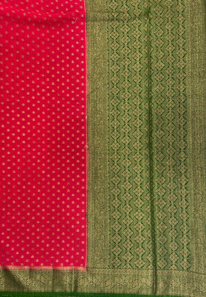 Banarasi Georgette Saree-Red with Leaf Butta and Contrast Border