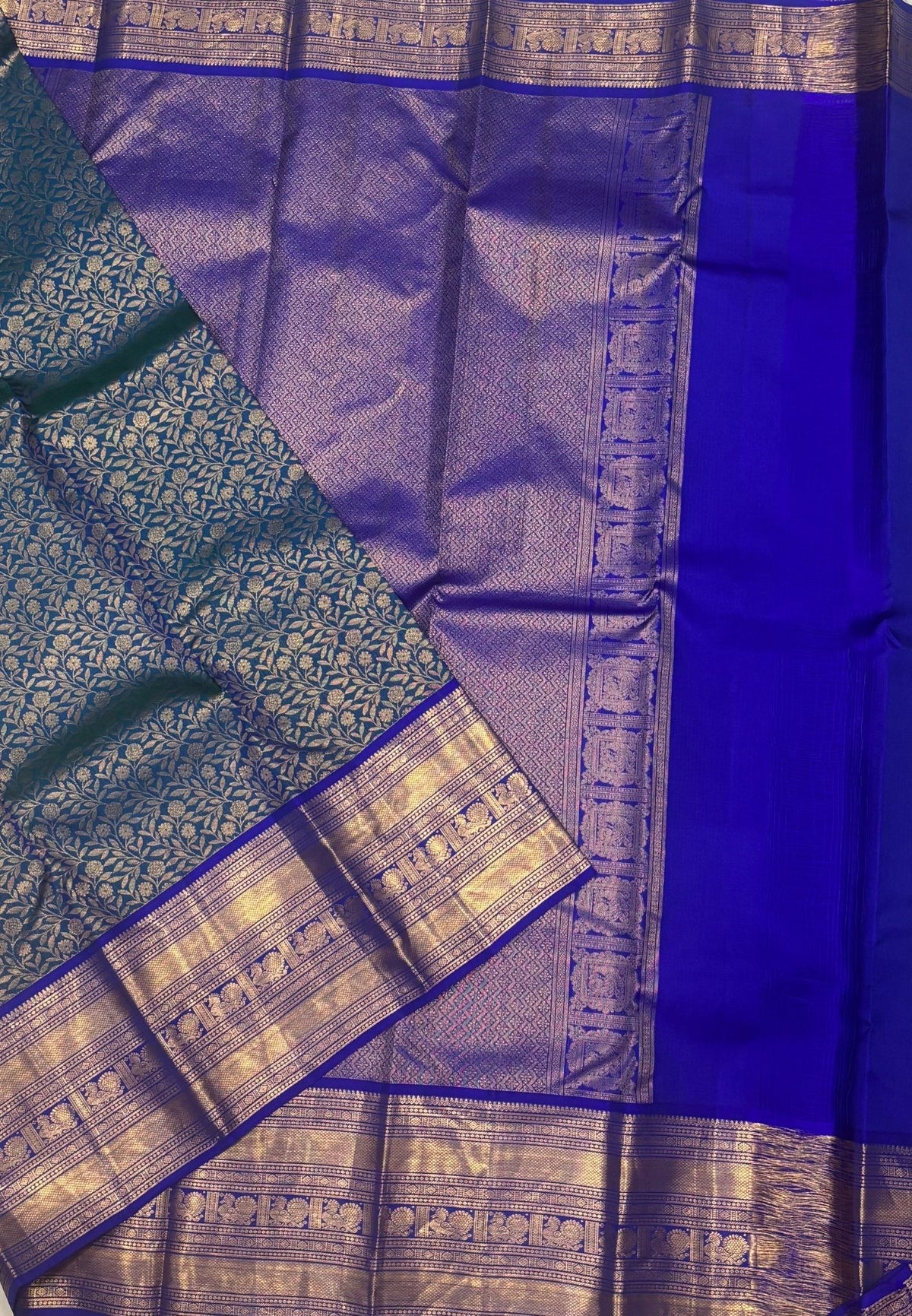Pure Kanchipuram Silk Saree-Traditional Peacock Blue with Contrast Border