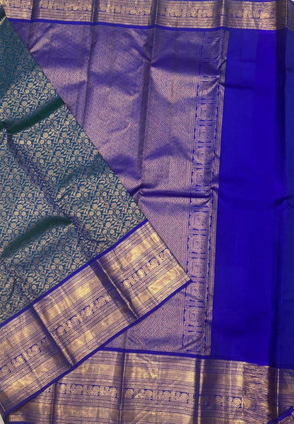 Pure Kanchipuram Silk Saree-Traditional Peacock Blue with Contrast Border