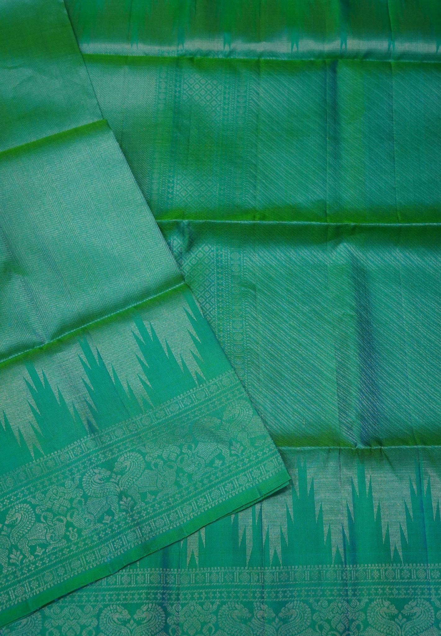 Pure Soft Silk Saree-Teal Green Brocade Weaving with Temple Border