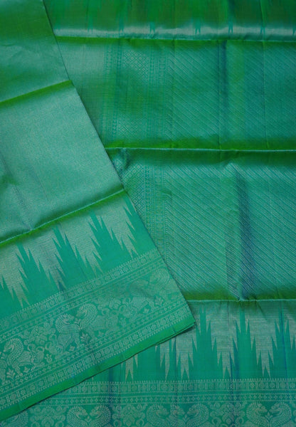 Pure Soft Silk Saree-Teal Green Brocade Weaving with Temple Border