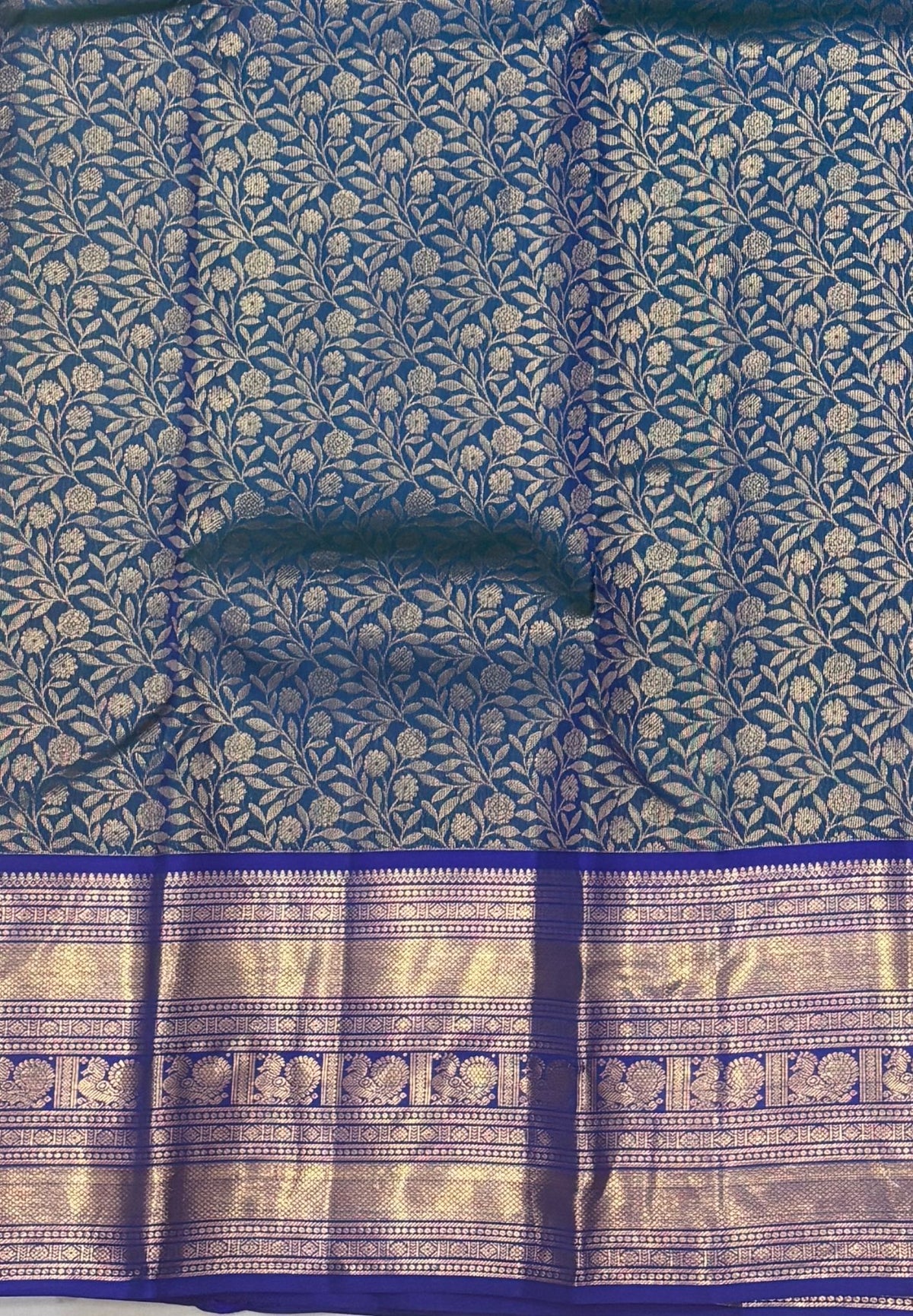 Pure Kanchipuram Silk Saree-Traditional Peacock Blue with Contrast Border