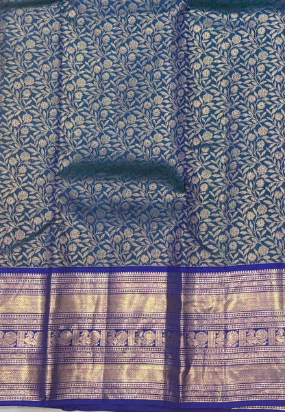 Pure Kanchipuram Silk Saree-Traditional Peacock Blue with Contrast Border