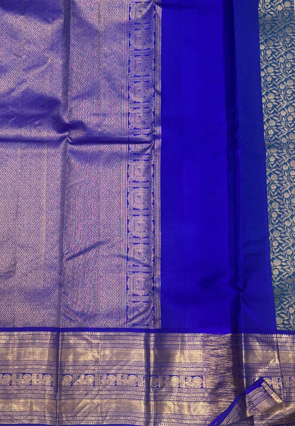 Pure Kanchipuram Silk Saree-Traditional Peacock Blue with Contrast Border