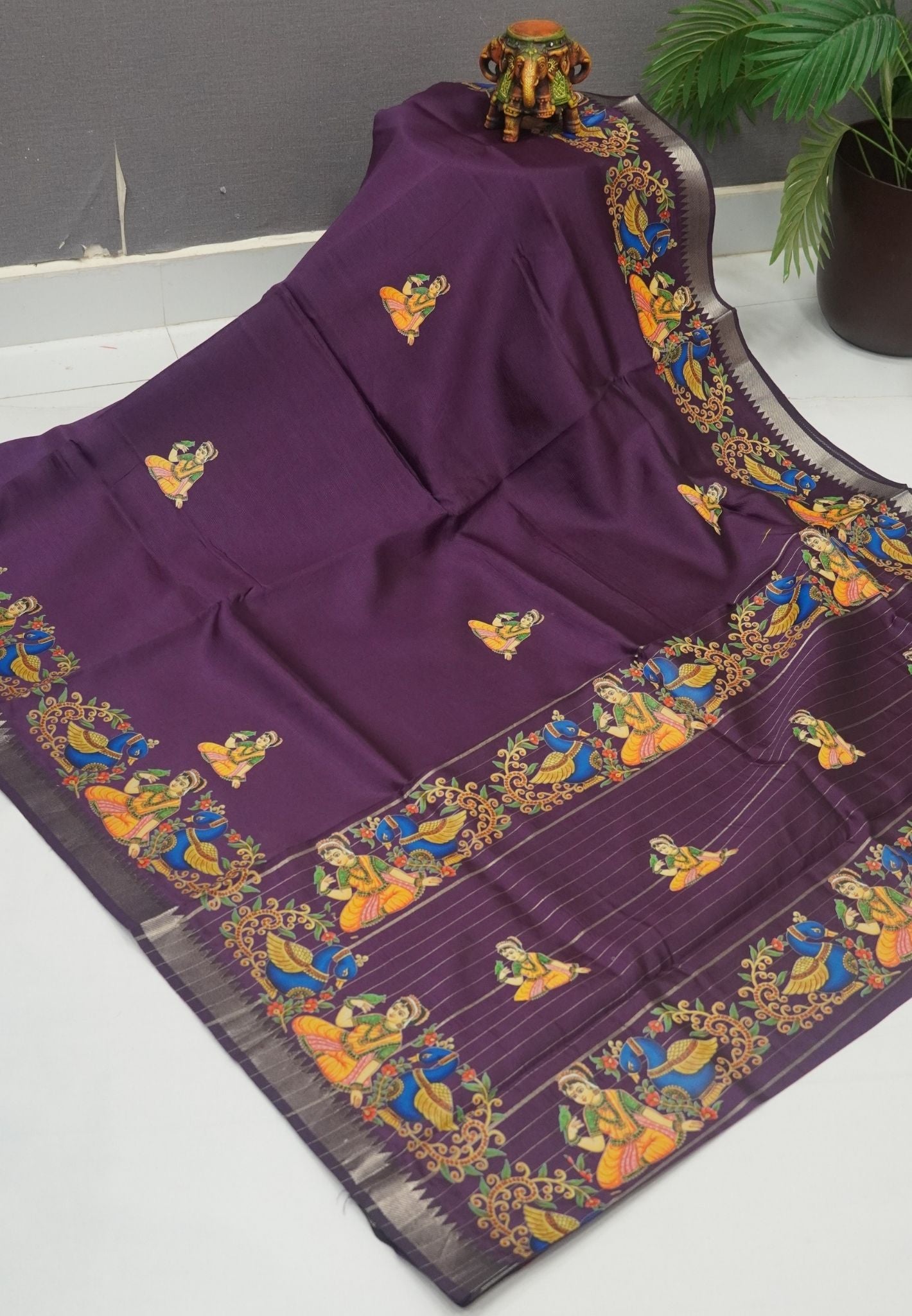 Pure Mangalgiri Silk Saree-Dark Purple with Tanjore Print