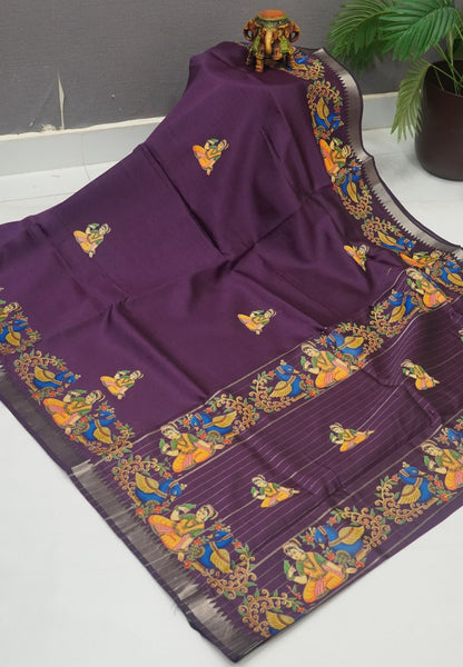 Pure Mangalgiri Silk Saree-Dark Purple with Tanjore Print