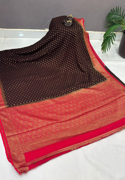 Banarasi Georgette Saree- Coffee Brown with Leaf Butta and Contrast Border