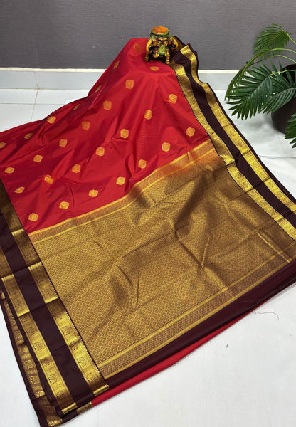 Budget Kanchipuram Saree-Brick Red with Contrast Border