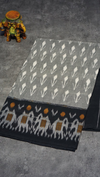 Pochampally Cotton double Ikkat Saree Grey - White