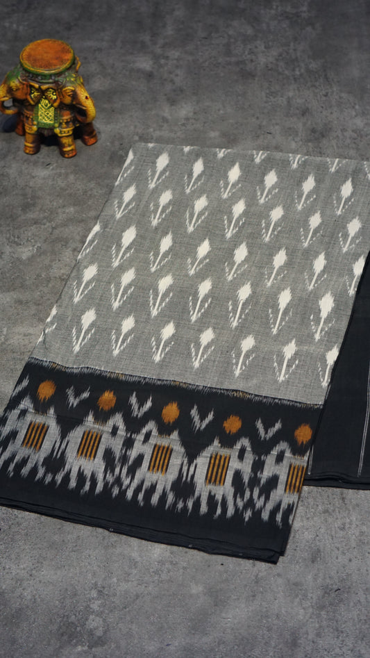 Pochampally Cotton double Ikkat Saree Grey - White