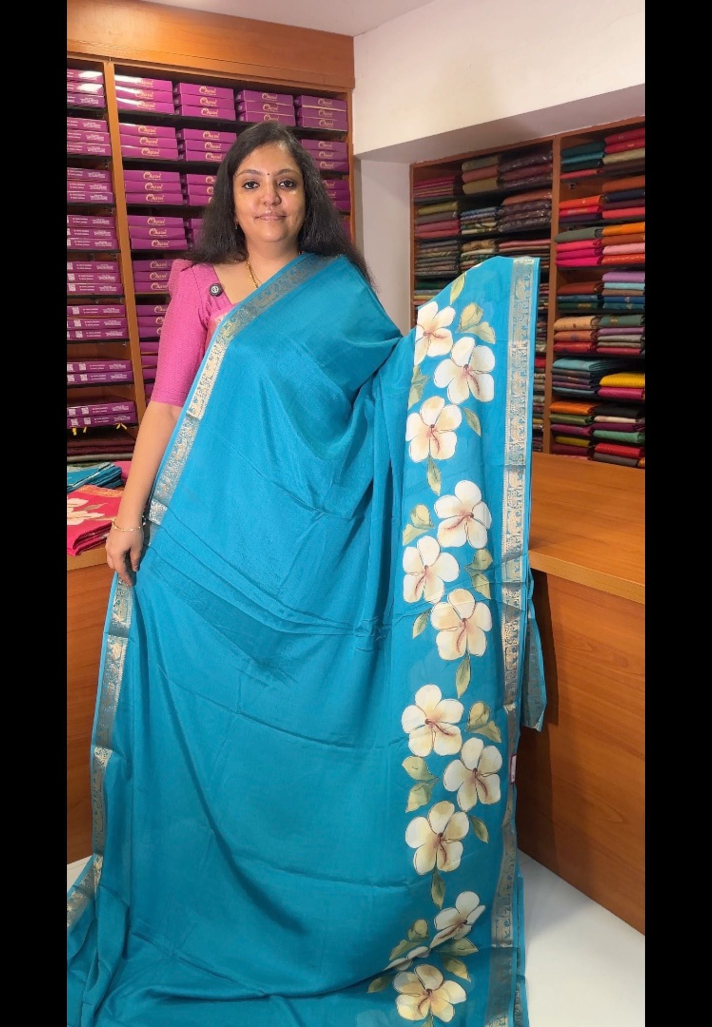 Art Mangalgiri Silk Saree-Sky Blue with Floral Print