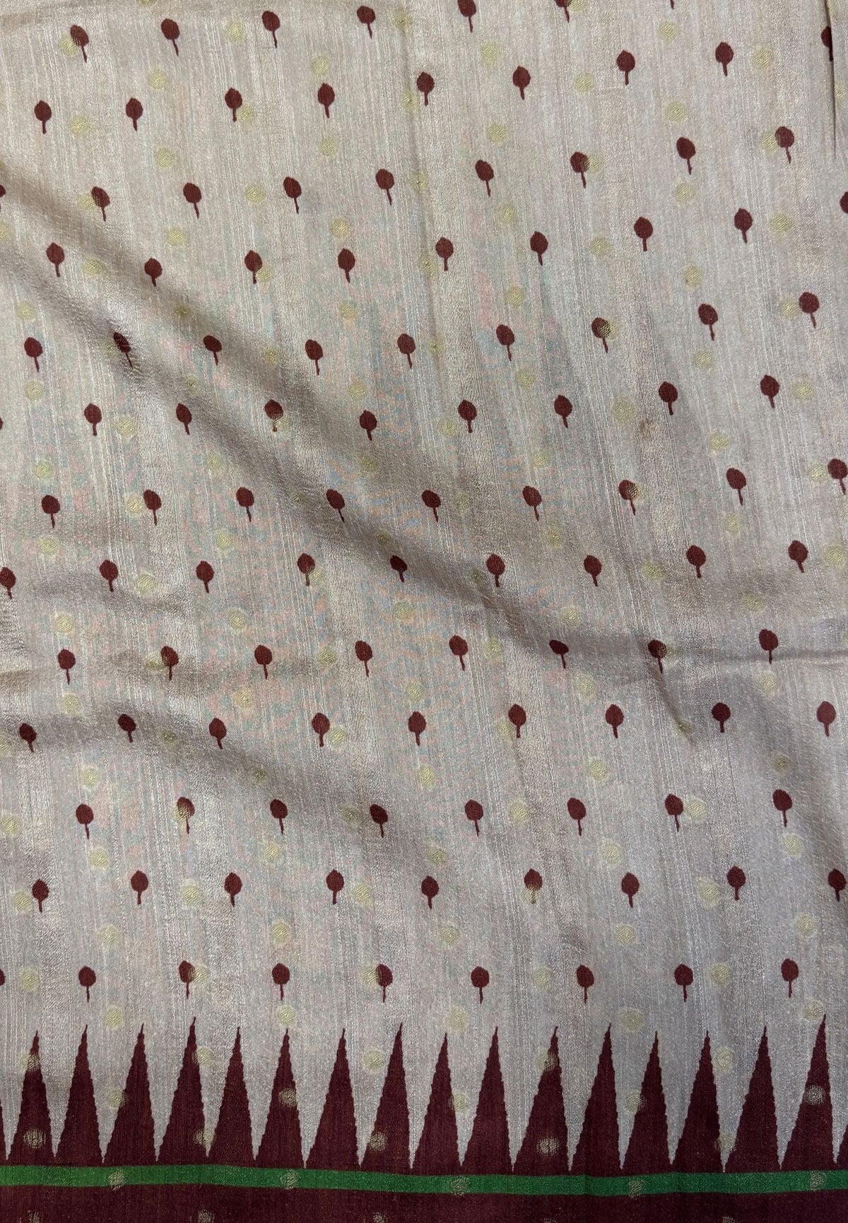 Soft Tussar Saree-Beige-Brown In Zigzag Temple Inspired Border