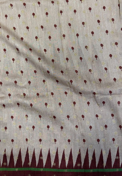Soft Tussar Saree-Beige-Brown In Zigzag Temple Inspired Border