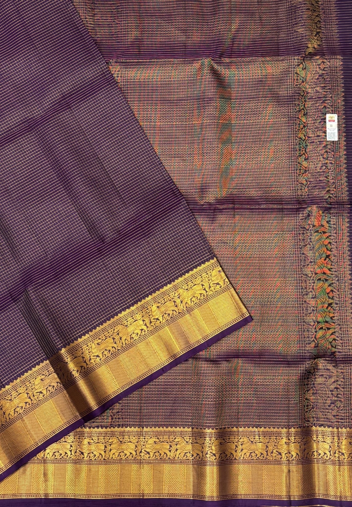 Pure Kanchipuram Silk Saree-Purple in Floral Vine Zari Border