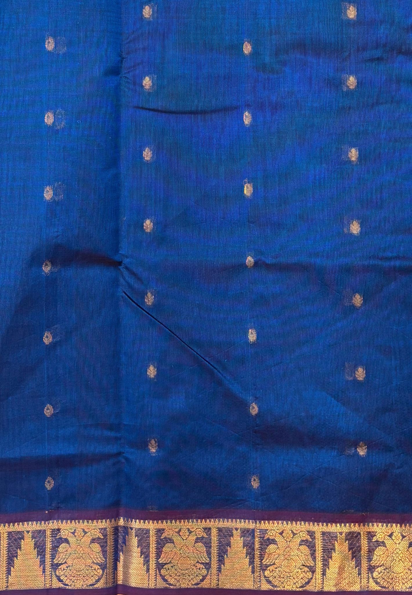 Silk Cotton Saree–Sulphate Blue-Maroon in Mini Buttas with Contrast Border