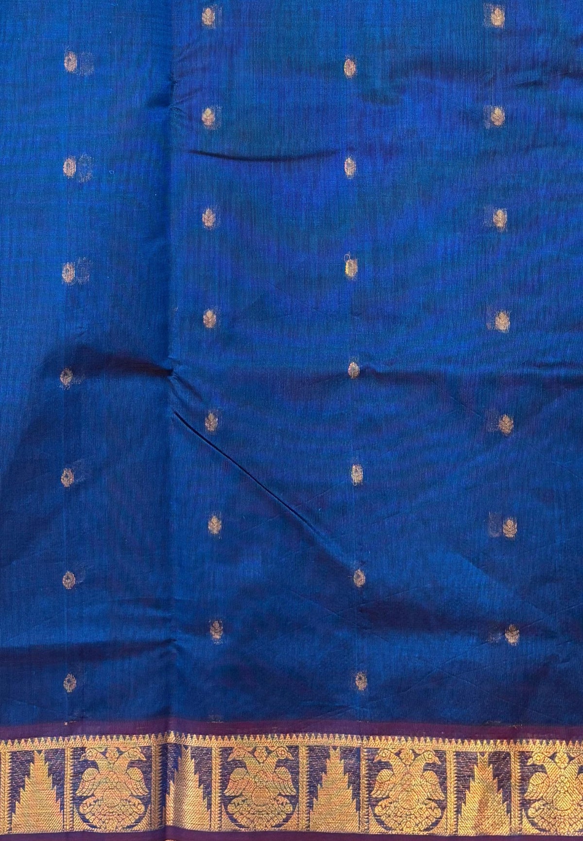 Silk Cotton Saree–Sulphate Blue-Maroon in Mini Buttas with Contrast Border