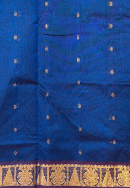 Silk Cotton Saree–Sulphate Blue-Maroon in Mini Buttas with Contrast Border