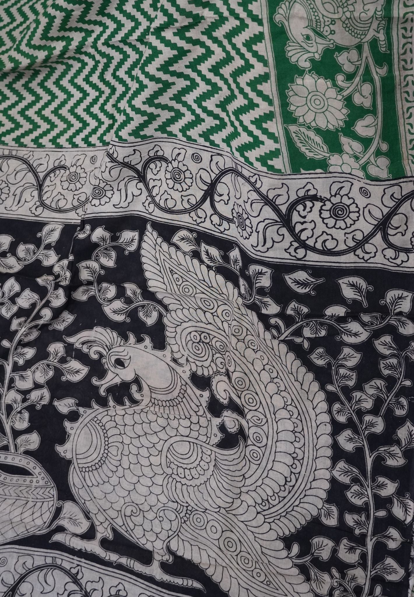 Kalamkari Cotton Saree – Green & Ivory Heritage Print