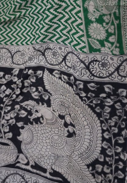 Kalamkari Cotton Saree – Green & Ivory Heritage Print