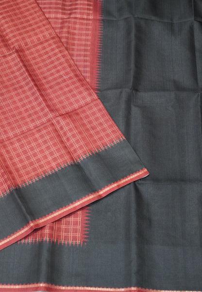 Semi Matka Tussar Saree-Maroon with Contrast Border and Zari Checks