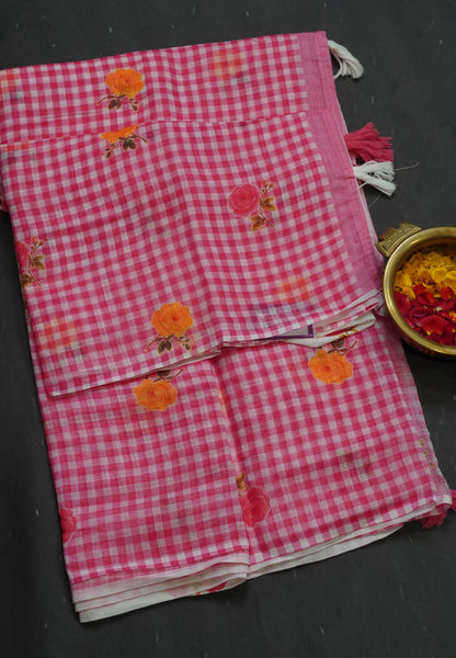 Linen Saree - Checks Pink