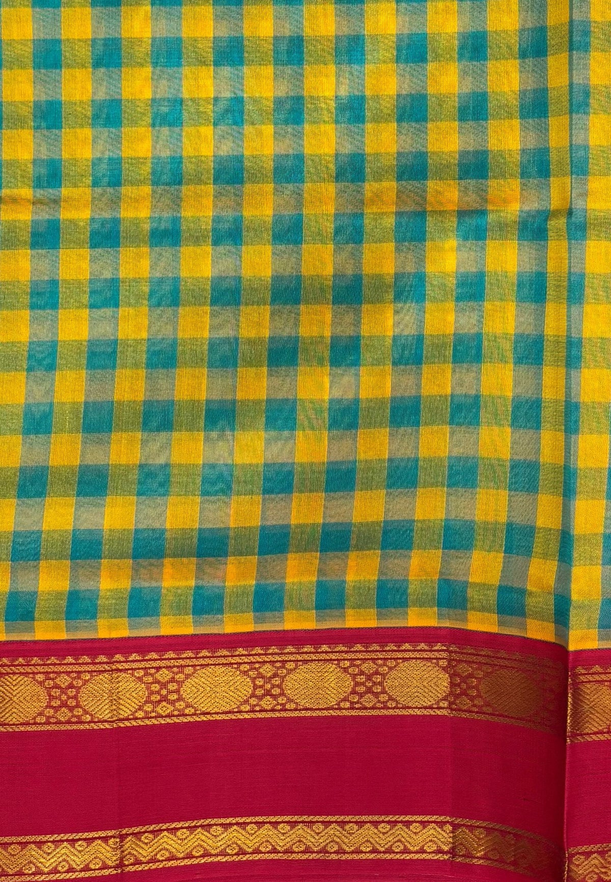 Pure Silk Cotton Saree–Ramar Green in Checked Zari with Contrast Border