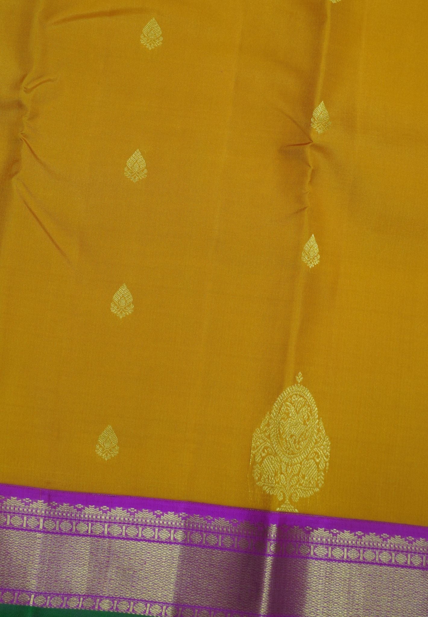 Pure Kanchipuram Silk Saree - Mustard -Pink with Paisley Motif