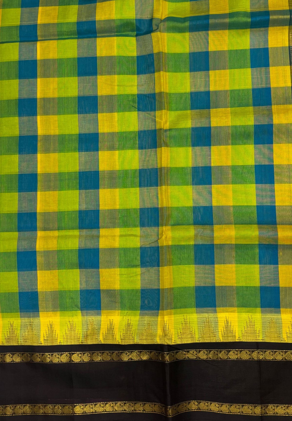 Pure Silk Cotton Saree–Blue in Checked Zari with Contrast Border