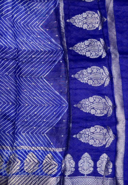 Pure Organza Tussar Saree-Blue In Paisley Leaf Vairaoosi Zari Border With Partly Pallu