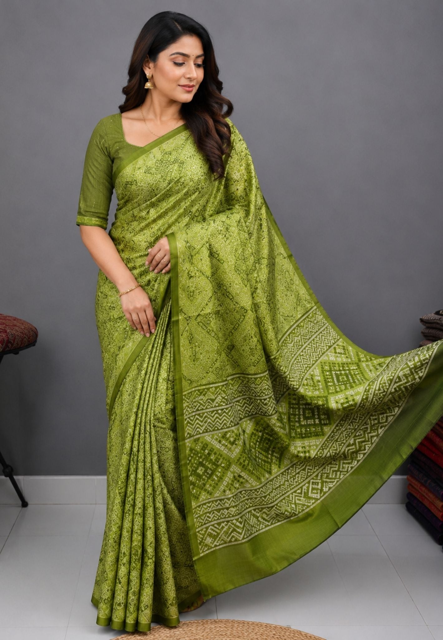Pure Tussar Saree-Light Green with Ajrakh Pattern
